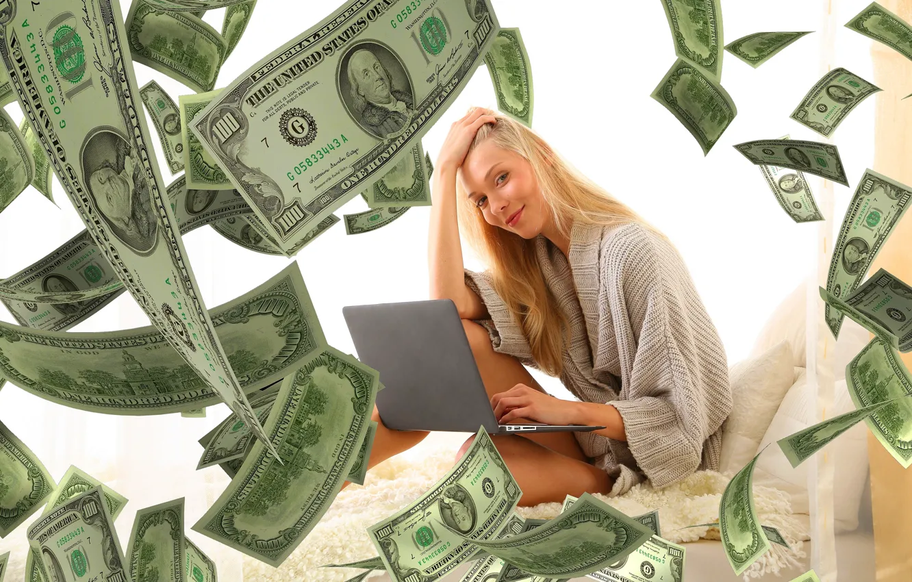 Photo wallpaper Girl, Smile, Laptop, USA, Money, Woman, Dollars, 100