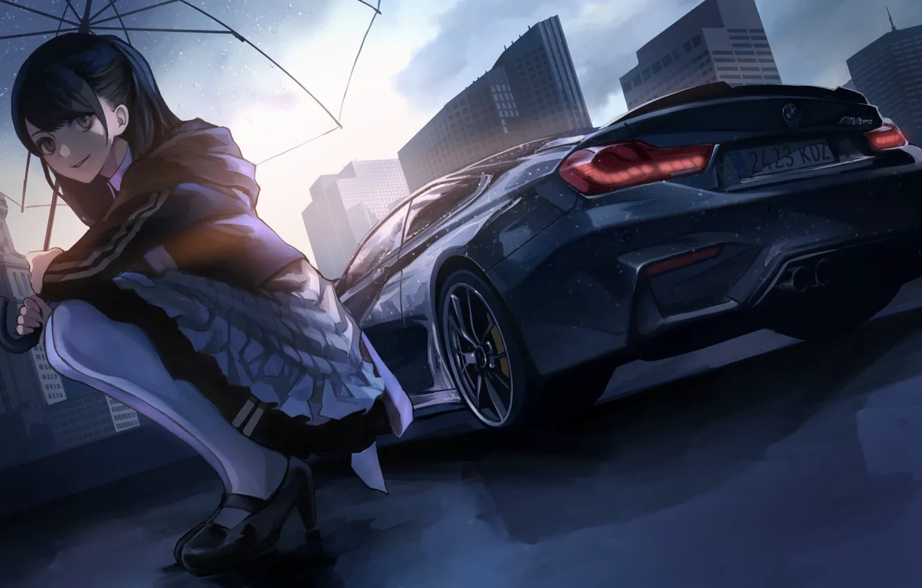 Photo wallpaper machine, girl, the city, umbrella, rain