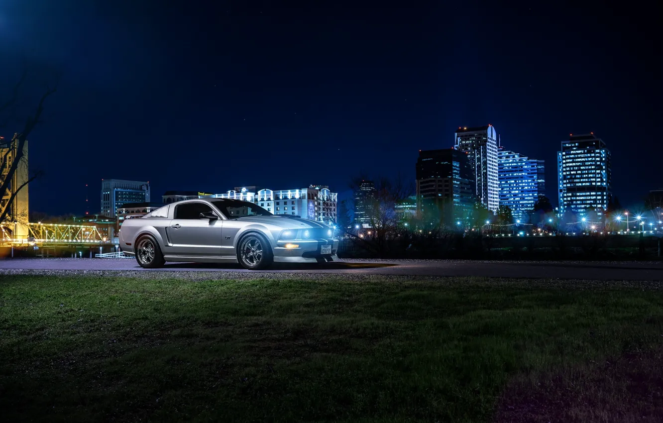 Photo wallpaper Mustang, Ford, Dark, Muscle, Car, Front, Downtown, American