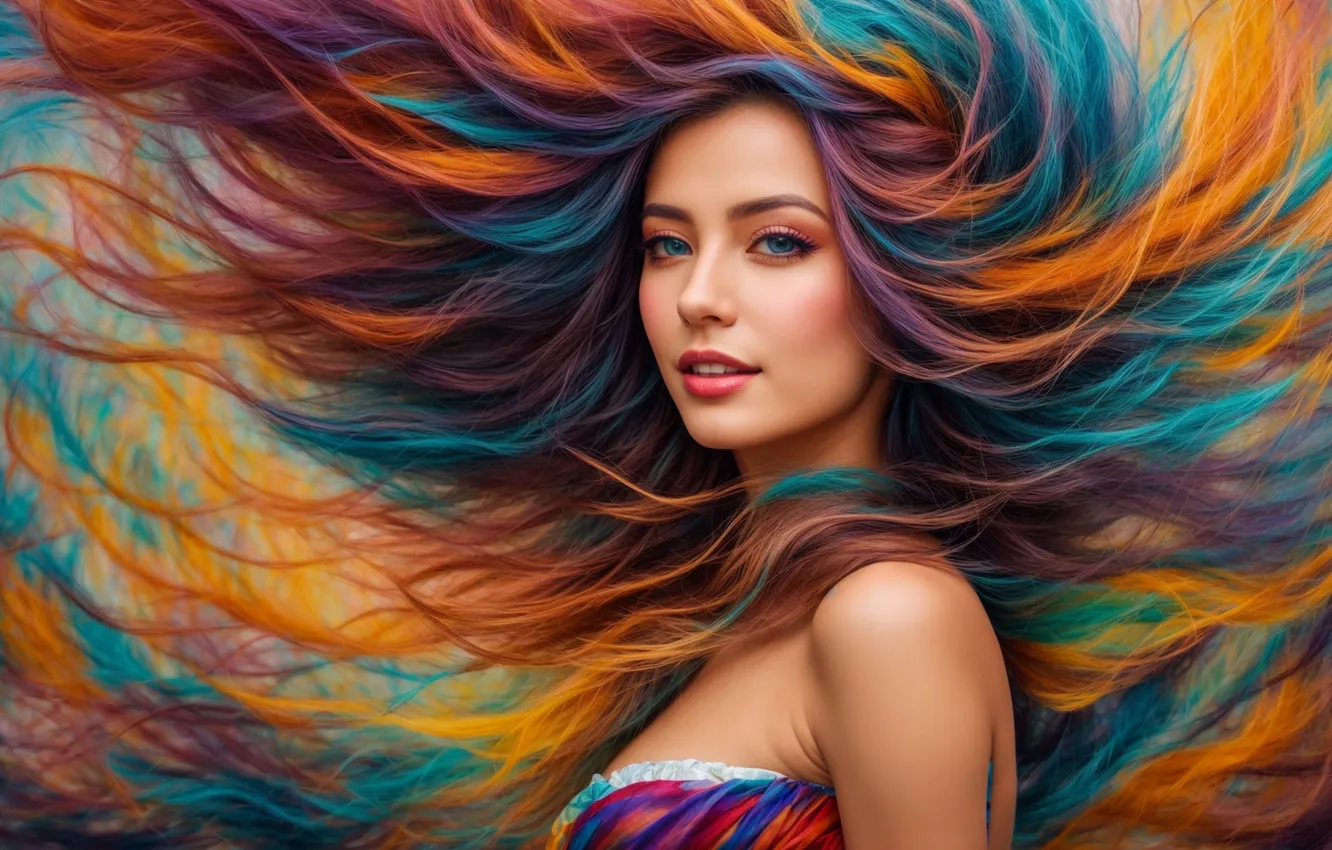 Photo wallpaper look, girl, hair, portrait, colorful, long hair, strands, AI art