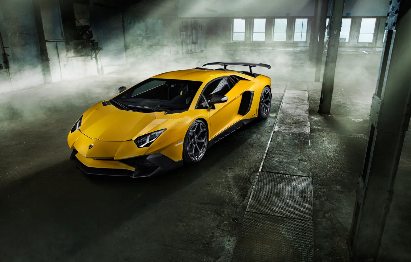 Photo wallpaper machine, yellow, Lamborghini, supercar, front view, handsome, Aventador, Lamborghini