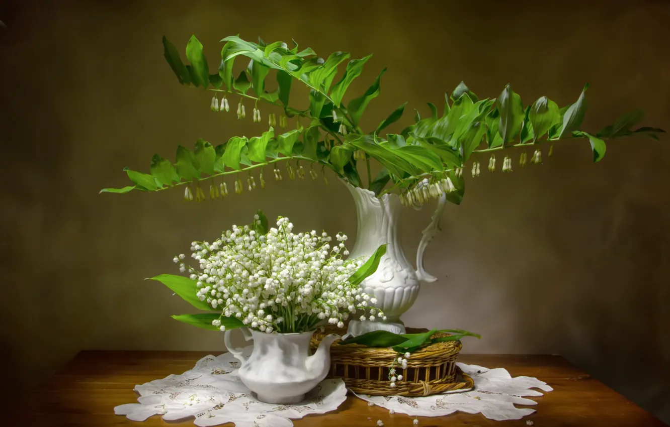 Photo wallpaper bouquet, vase, lilies of the valley