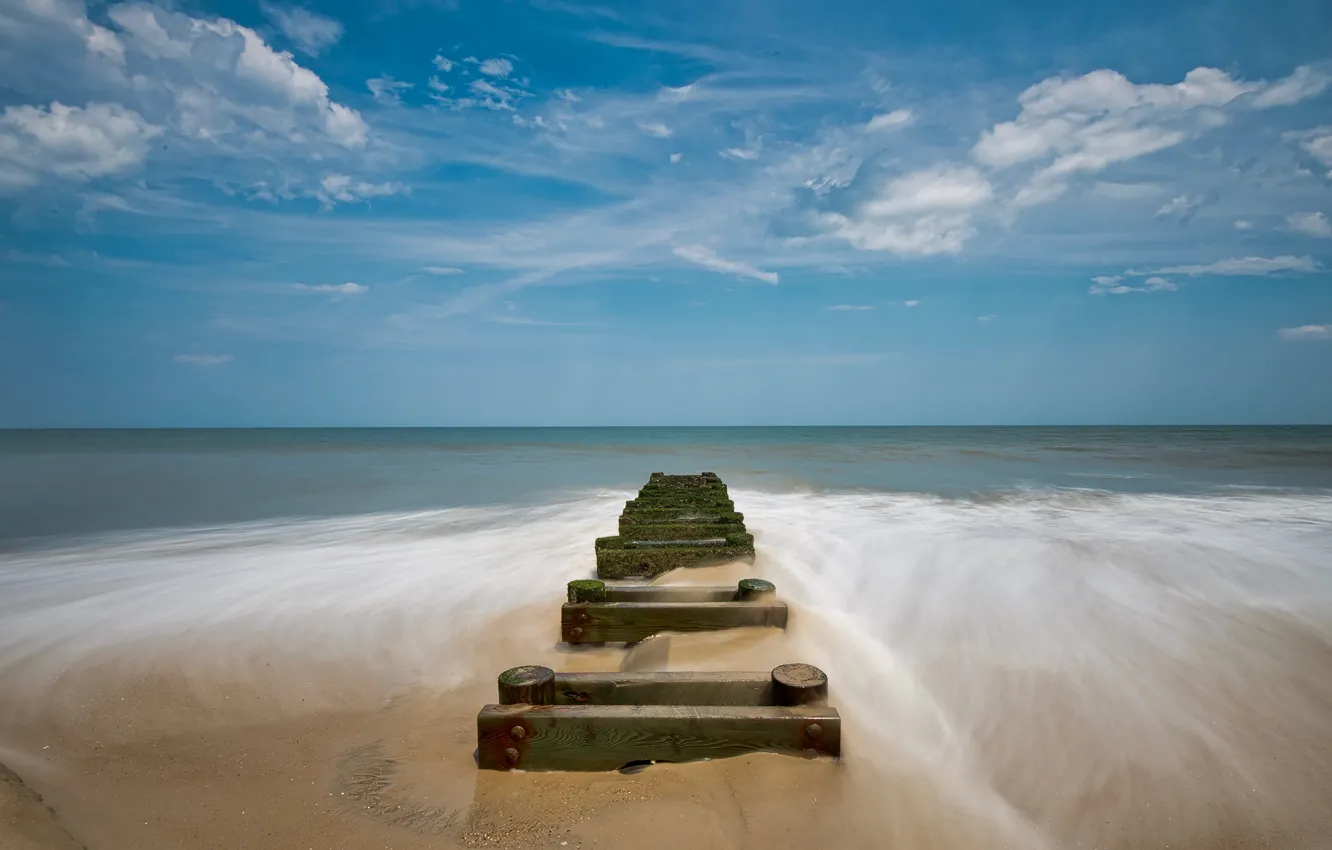 Photo wallpaper sea, wave, the sky, clouds, shore, Board, pierce