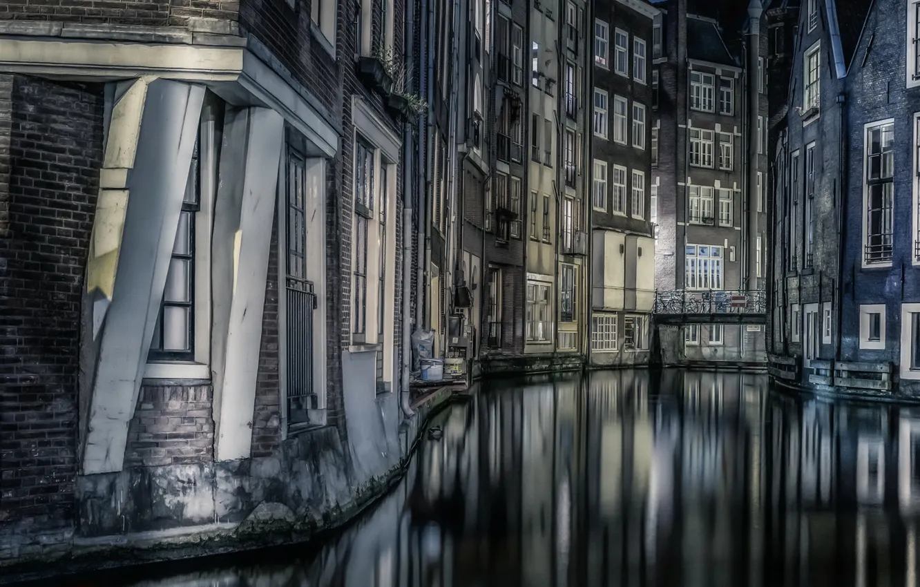 Photo wallpaper Amsterdam, Night, reflections, Buildings