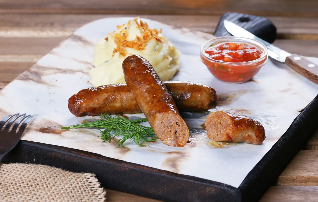 Photo wallpaper sauce, sausages, the second dish, puree