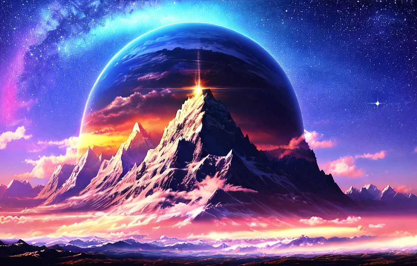 Photo wallpaper landscape, mountains, planet, another world, digital art, digital art, artificial intelligence, Stable Diffusion