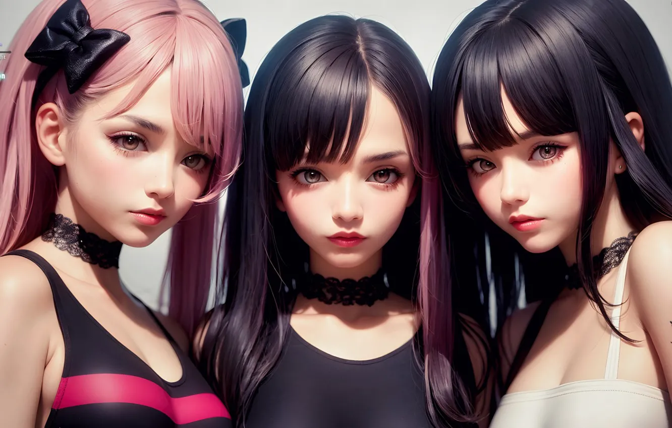 Photo wallpaper pink hair, long hair, brown eyes, tattoo, women, brunette, digital art, tank top