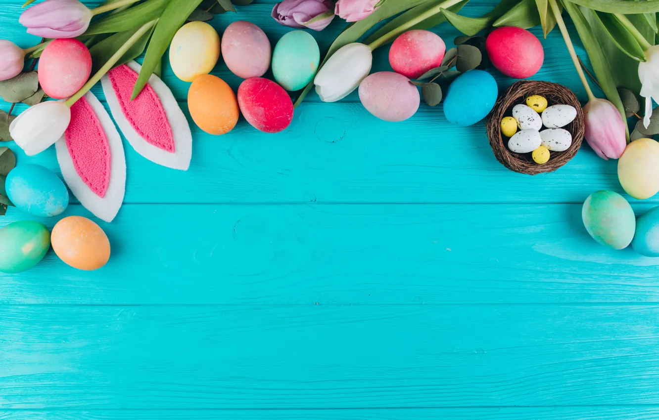 Photo wallpaper flowers, eggs, colorful, Easter, tulips, wood, pink, flowers