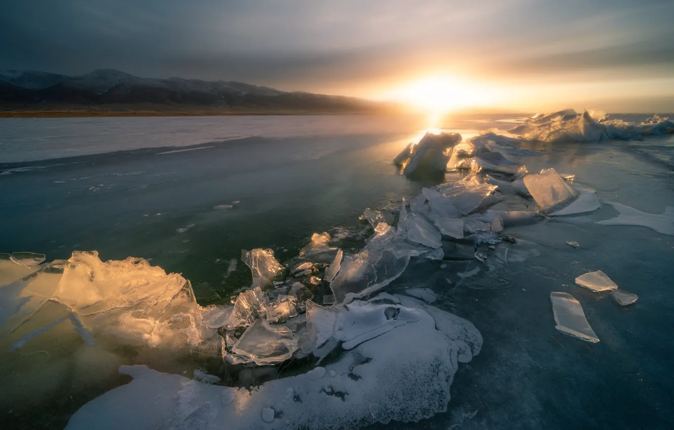 Photo wallpaper ice, winter, the sky, the sun, clouds, light, snow, sunset