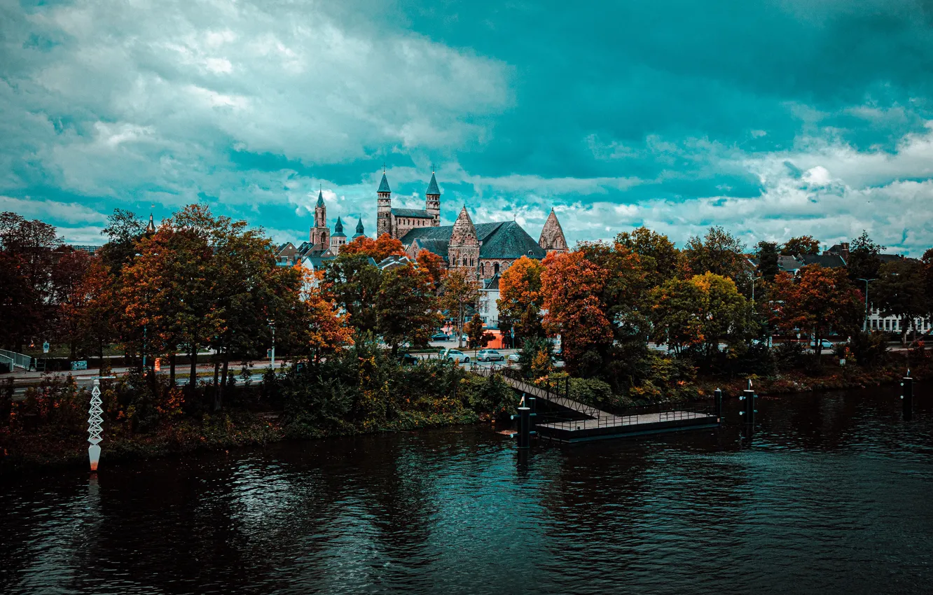 Photo wallpaper road, autumn, the sky, clouds, trees, the city, river, castle