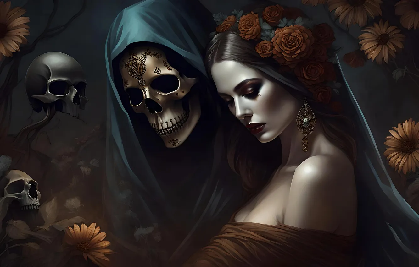 Photo wallpaper girl, skull, horror