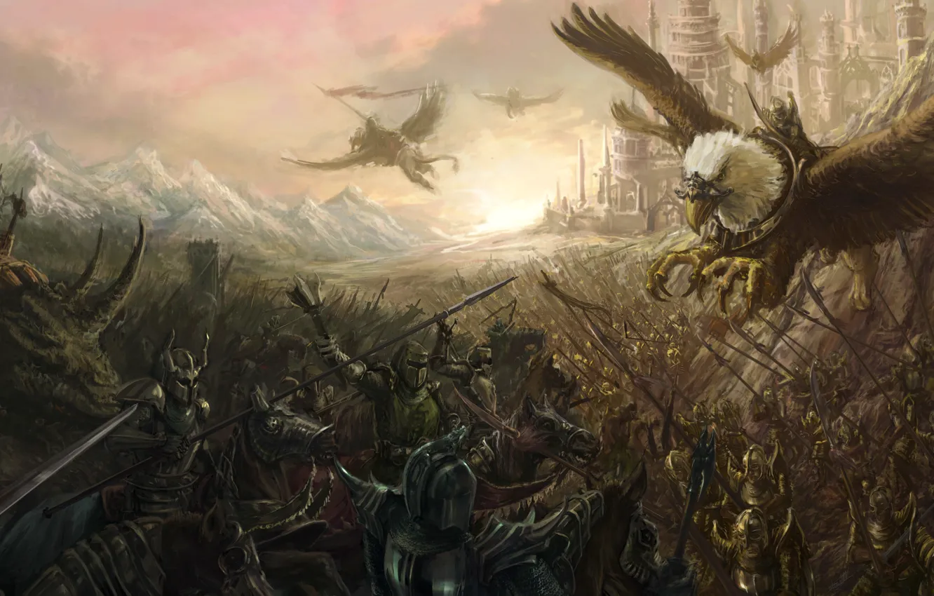 Photo wallpaper the city, horses, army, art, battle, the battle, riders, Griffin