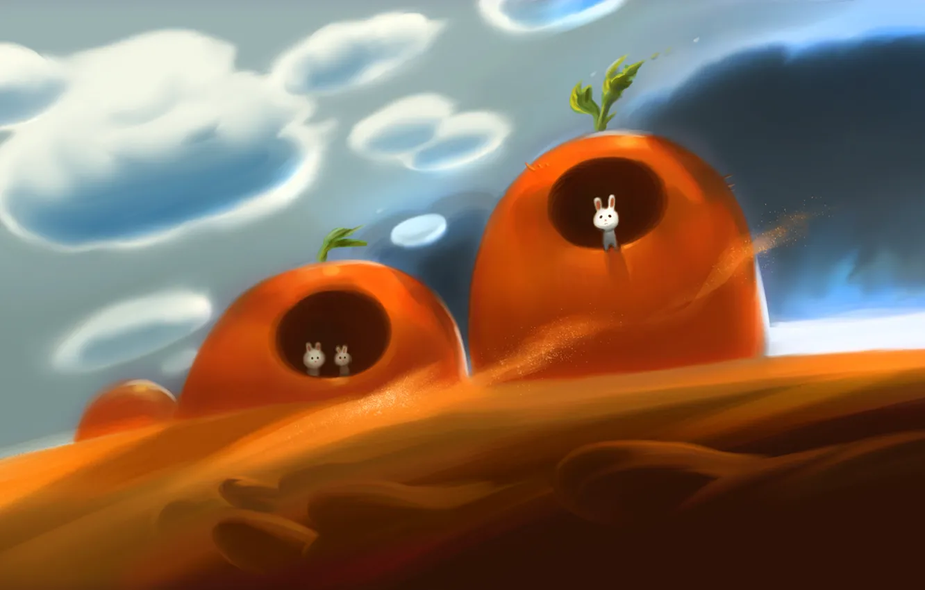 Photo wallpaper clouds, the wind, hills, hare, home, carrot, rabbit, art