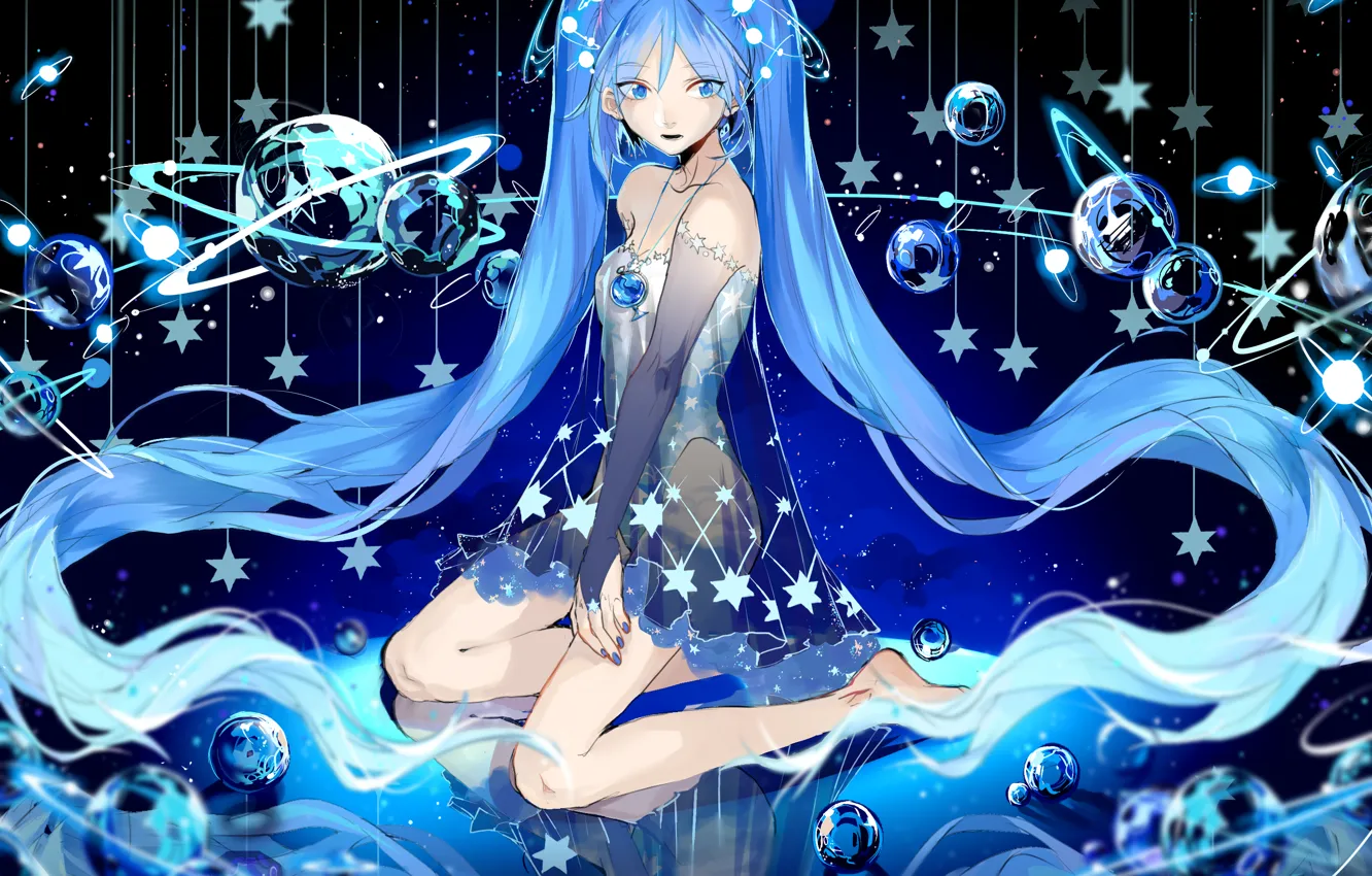 Photo wallpaper girl, space, stars, planet, anime, art, vocaloid, hatsune miku