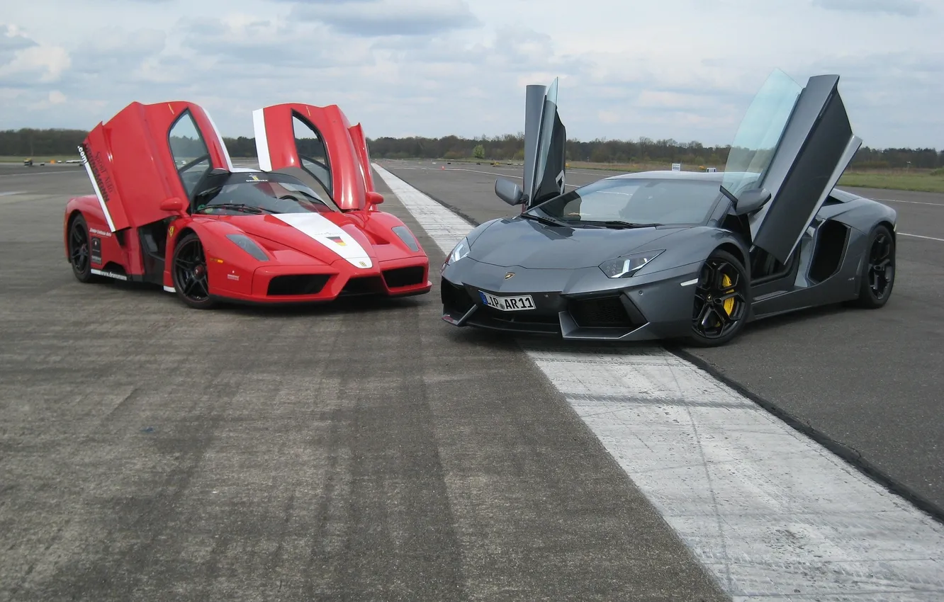 Photo wallpaper the sky, asphalt, clouds, red, strip, grey, Lamborghini, Ferrari