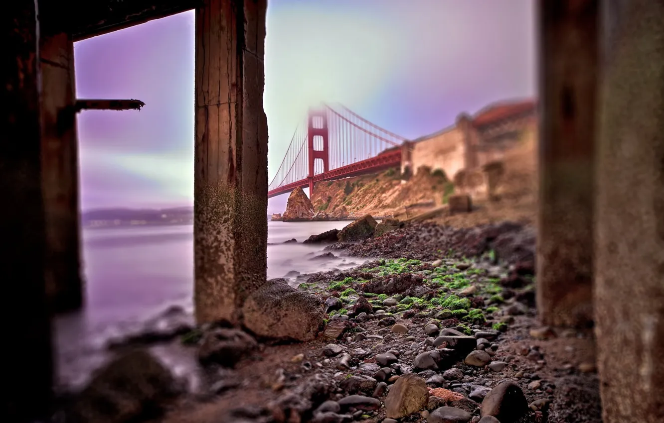 Photo wallpaper bridge, river, stones, focus