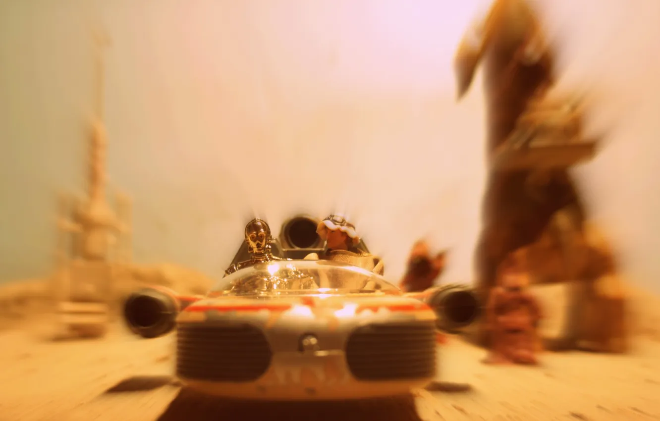Photo wallpaper desert, Star Wars, Luke Skywalker, jaws, C-3PO, Speeder