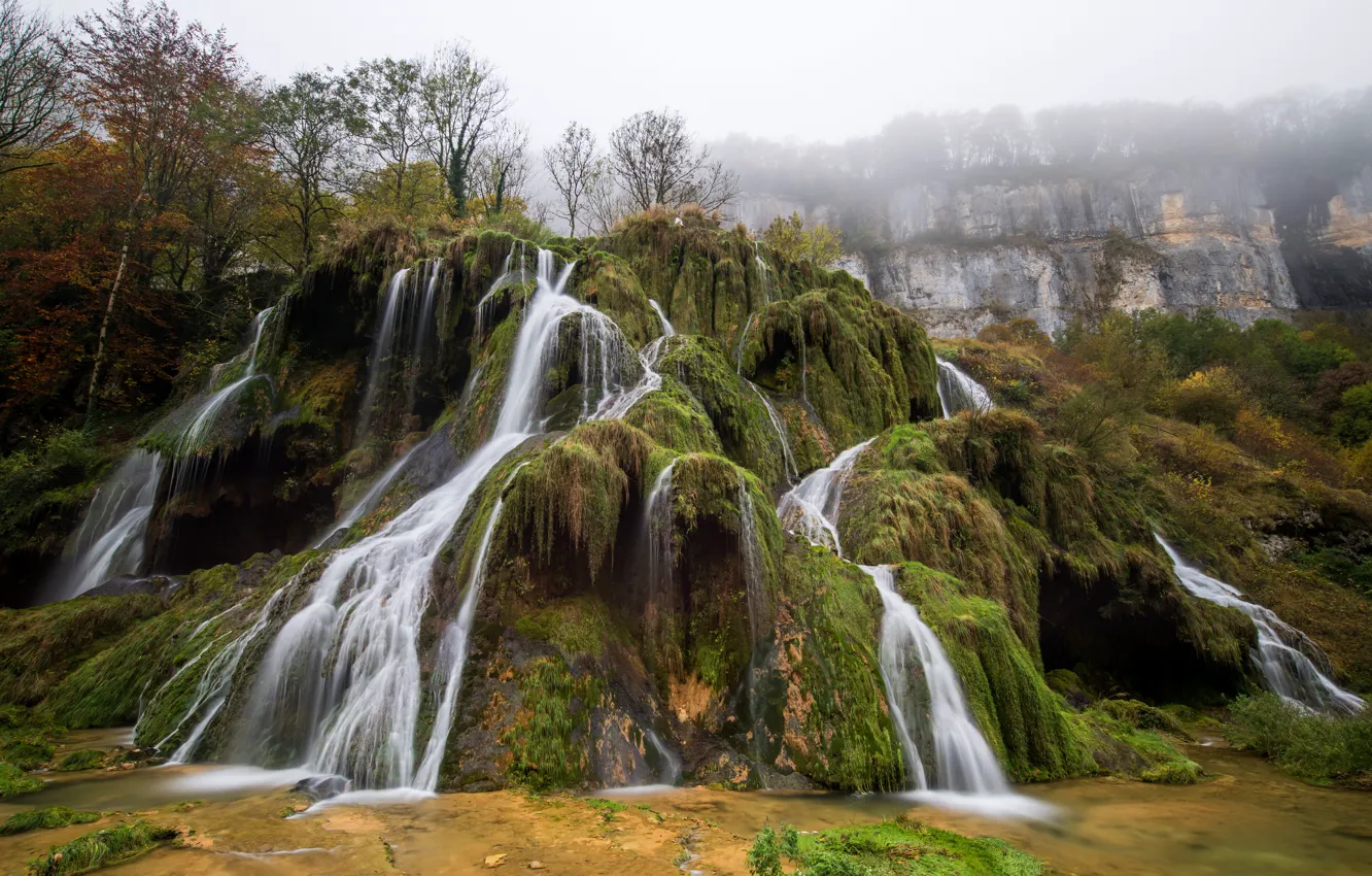 Photo wallpaper forest, trees, fog, rocks, France, waterfall, Waterfall Tuffs