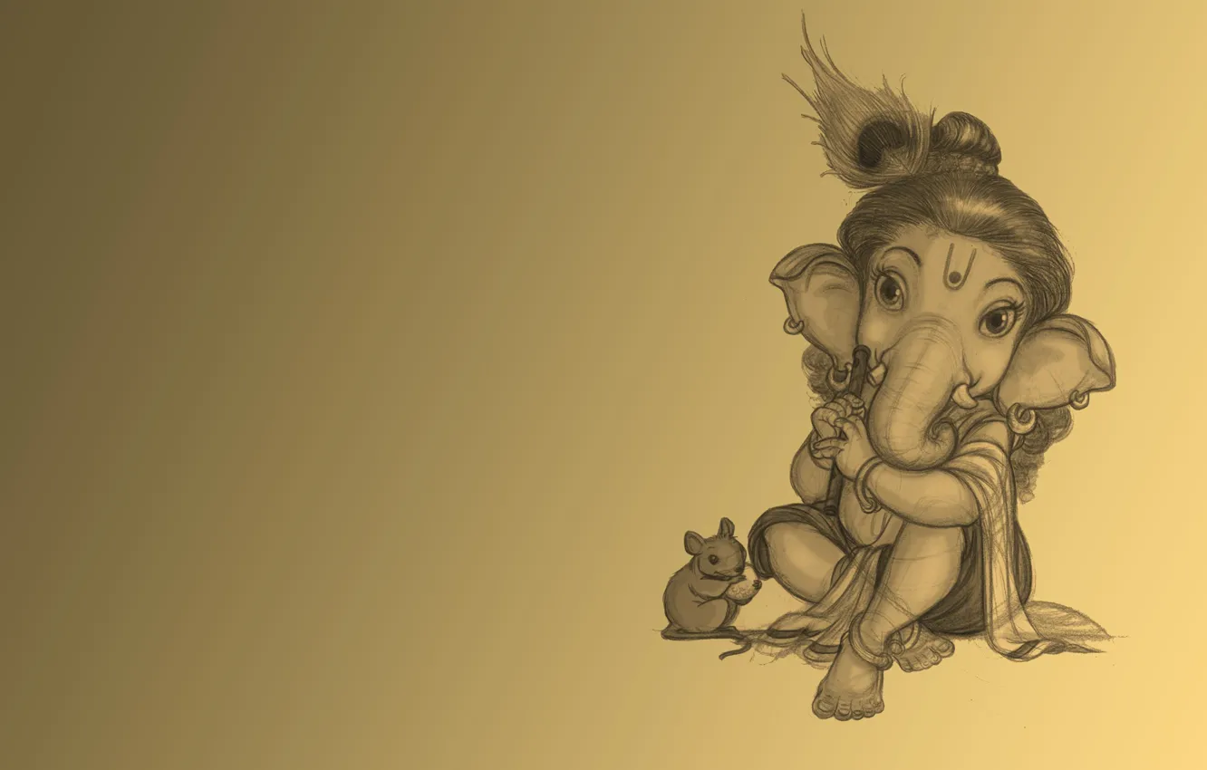 Photo wallpaper elephant, mouse, flute, Ganesh