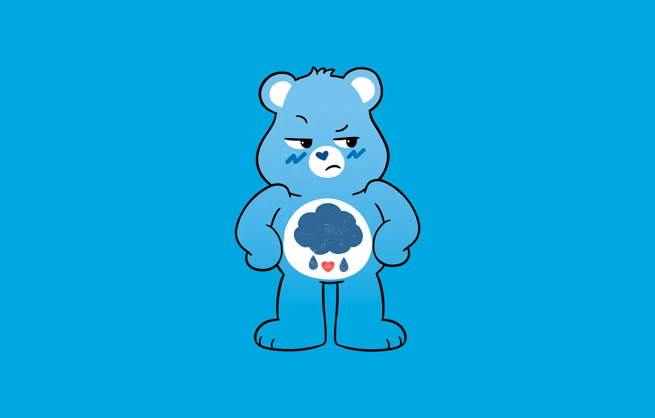Photo wallpaper blue, cartoon, blue background, digital art, simple background, minimalism, grumpy bear, care bear