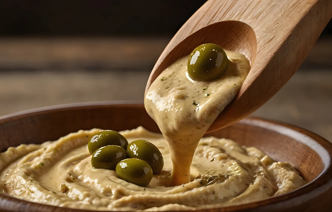 Photo wallpaper spoon, wooden, bowl, olives, sauce, appetizer, puree, hummus