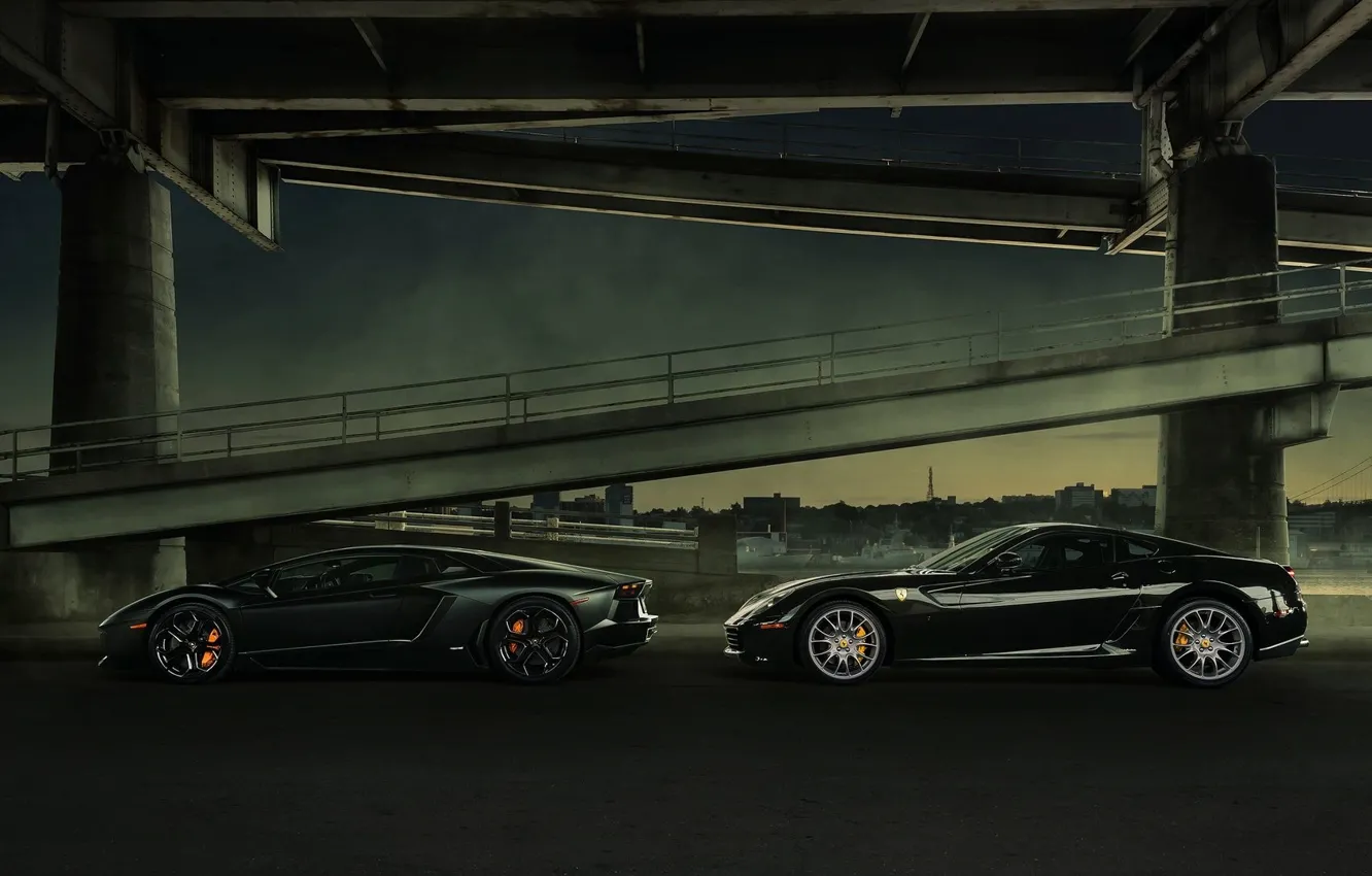 Photo wallpaper Lamborghini, Ferrari, Bridge, Night, LP700-4, Aventador, Supercars, Supercars