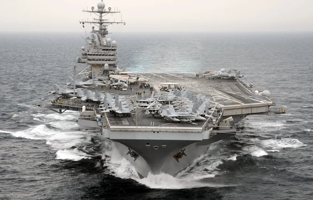 Photo wallpaper the ocean, fighters, the carrier, deck, Multipurpose, type "Nimitz", with nuclear power, number CVN-71