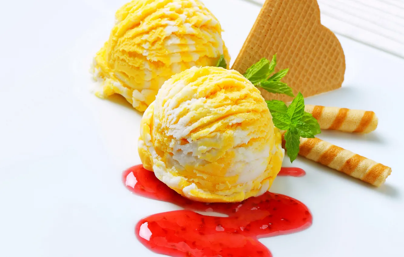 Photo wallpaper balls, yellow, food, ice cream, sweets, mint, dessert, waffles