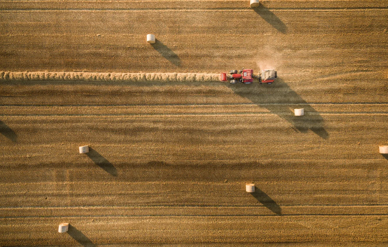 Photo wallpaper field, hay, tractor