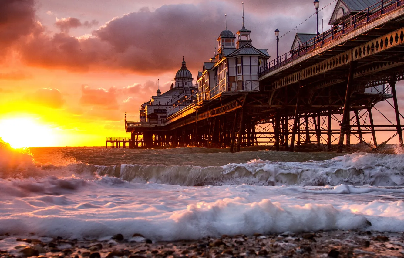 Photo wallpaper wave, beach, the ocean, dawn, building, pierce
