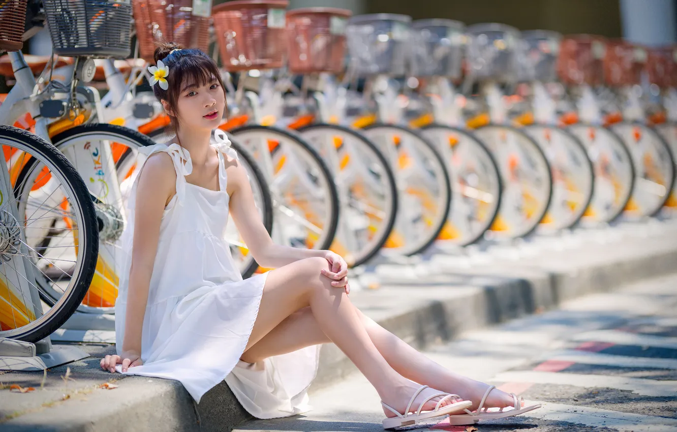 Photo wallpaper bike, feet, dress, Asian, sitting