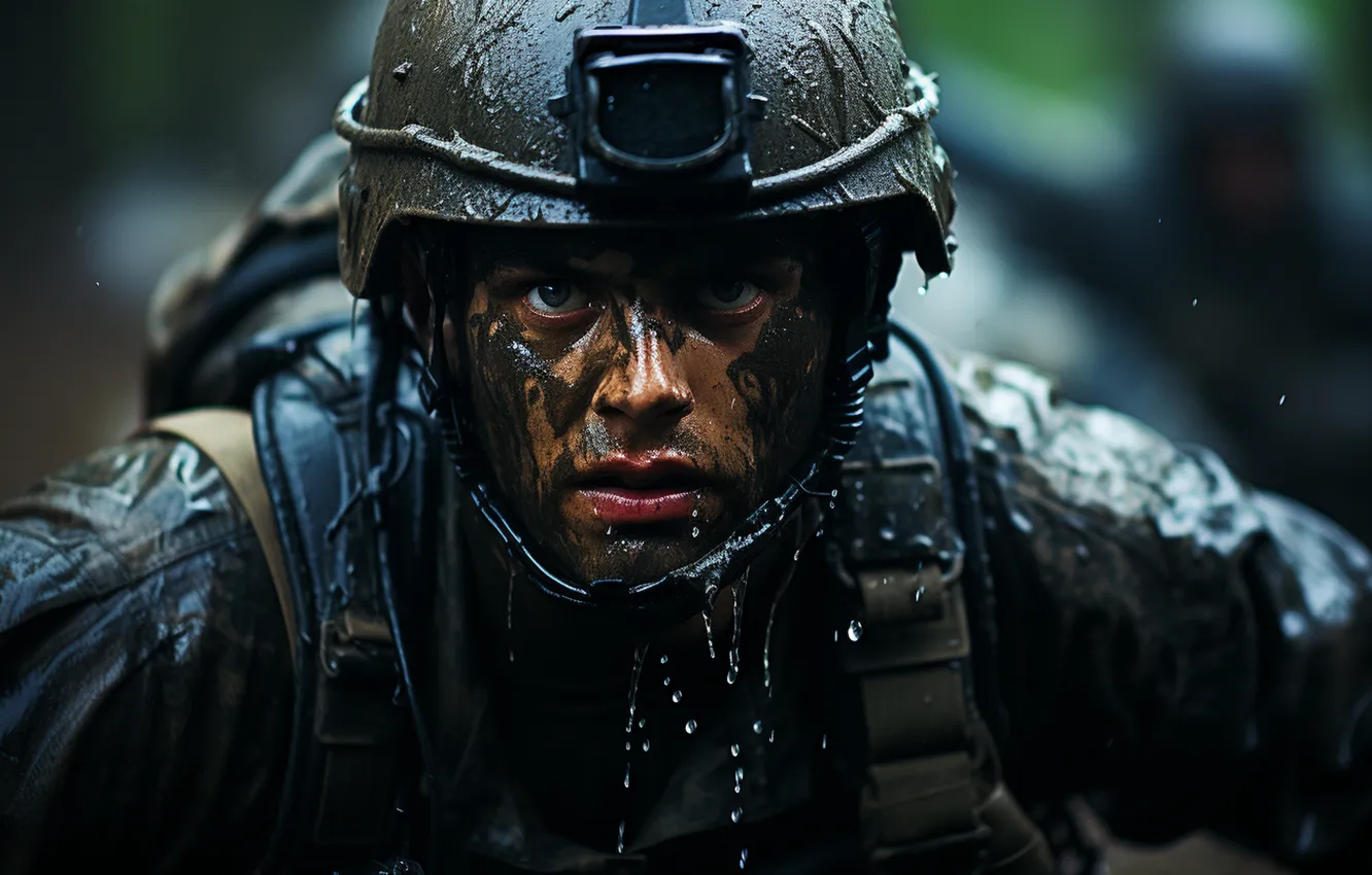 Photo wallpaper look, dirt, soldiers, male, helmet, closeup, digital art, AI art