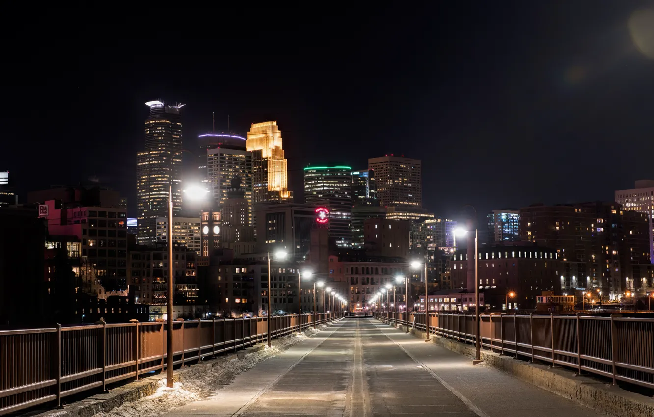Photo wallpaper snow, night, bridge, lights, home, lights, USA, Minnesota