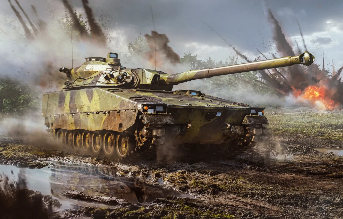 Photo wallpaper the explosion, squirt, lights, shot, puddle, dirt, tank, War Thunder