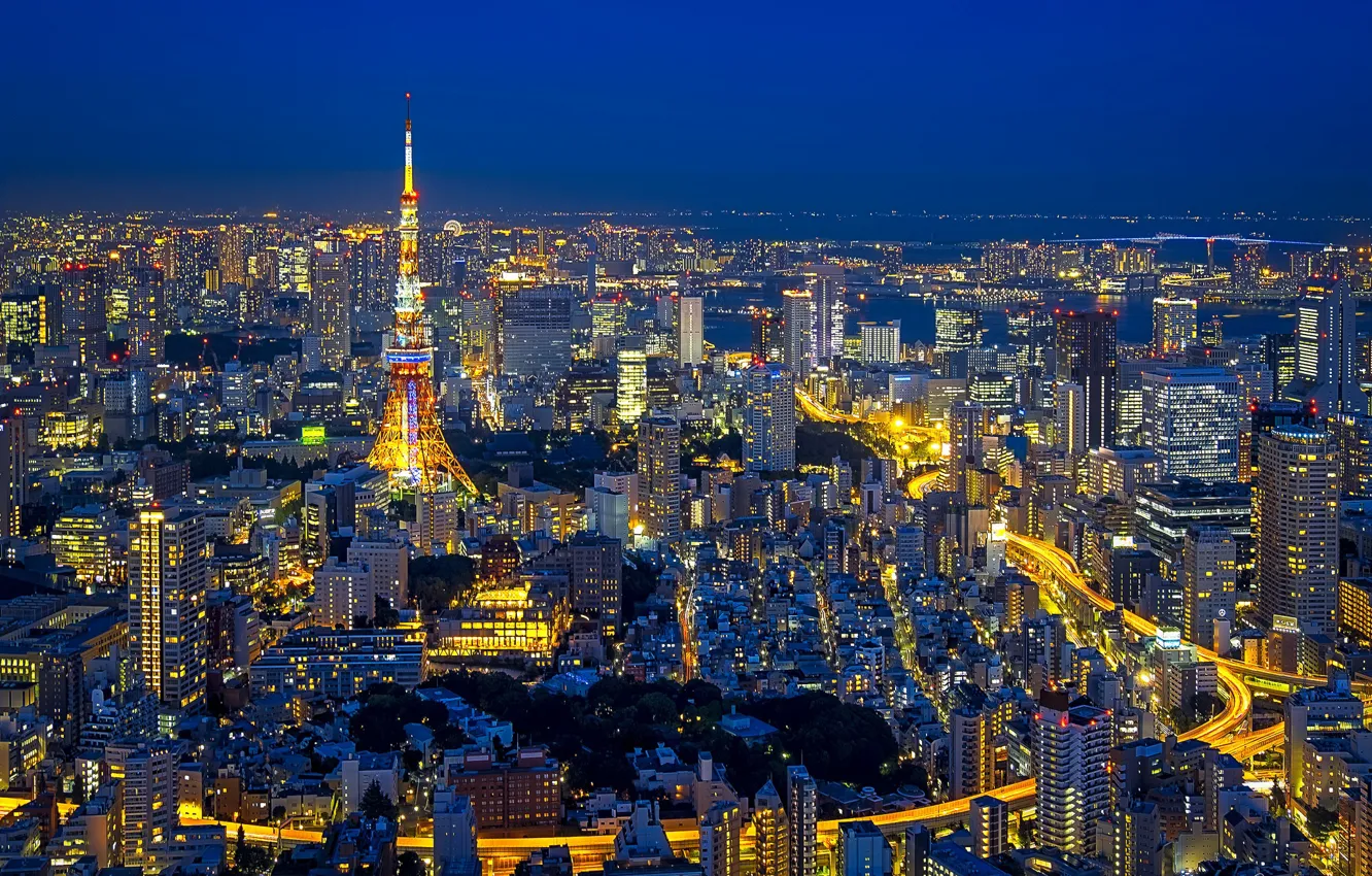 Photo wallpaper night, lights, tower, Japan, Tokyo, panorama