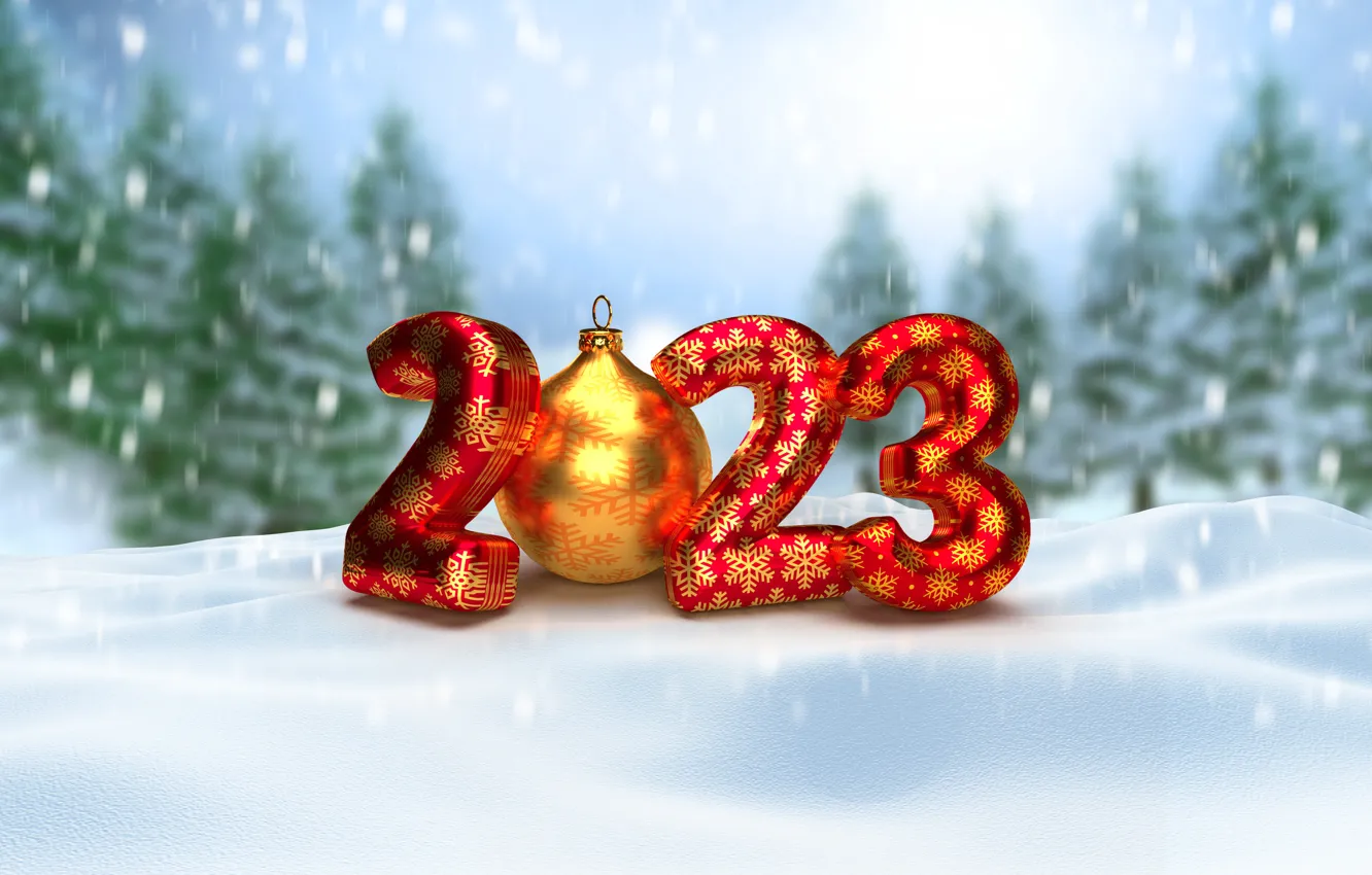 Photo wallpaper winter, snow, snowflakes, New Year, figures, metal, golden, happy