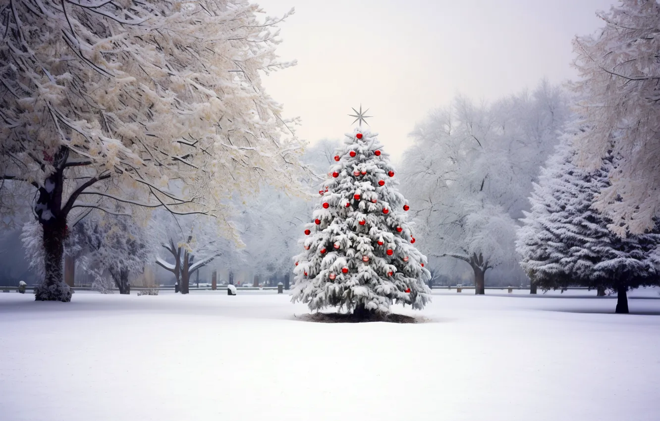 Photo wallpaper winter, snow, decoration, night, balls, tree, new year, Christmas