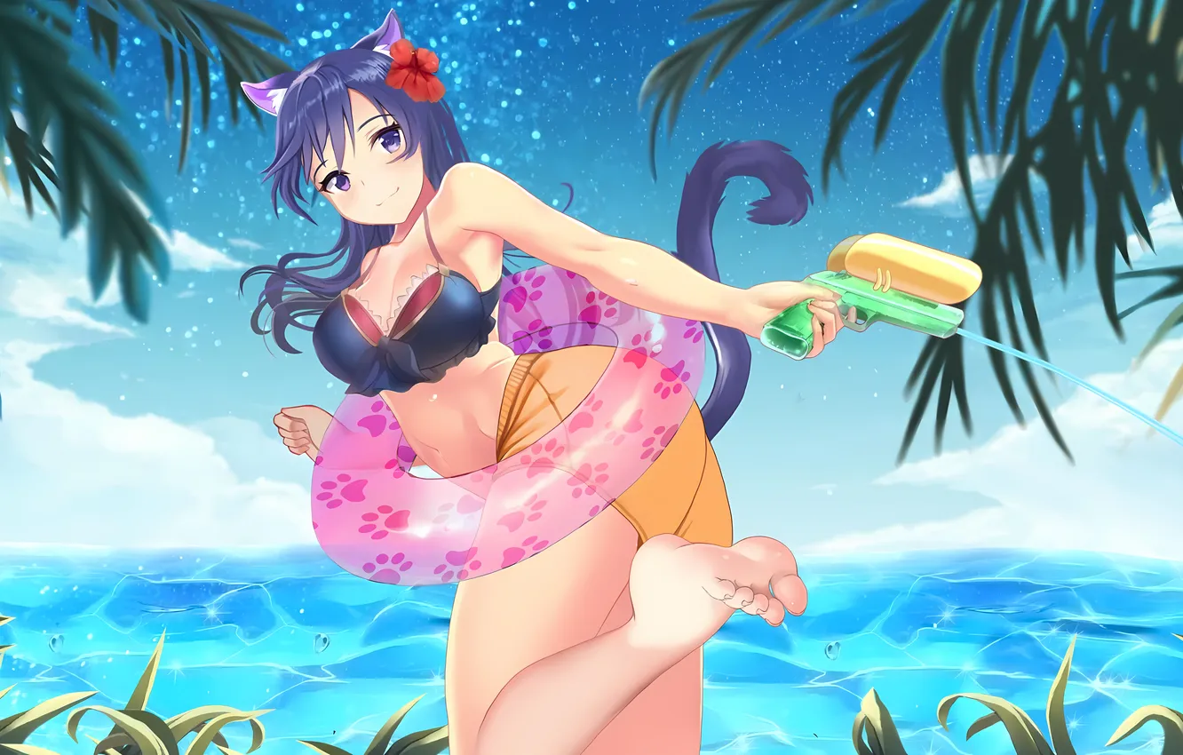 Photo wallpaper girl, sexy, game, ass, cleavage, beach, shorts, flower