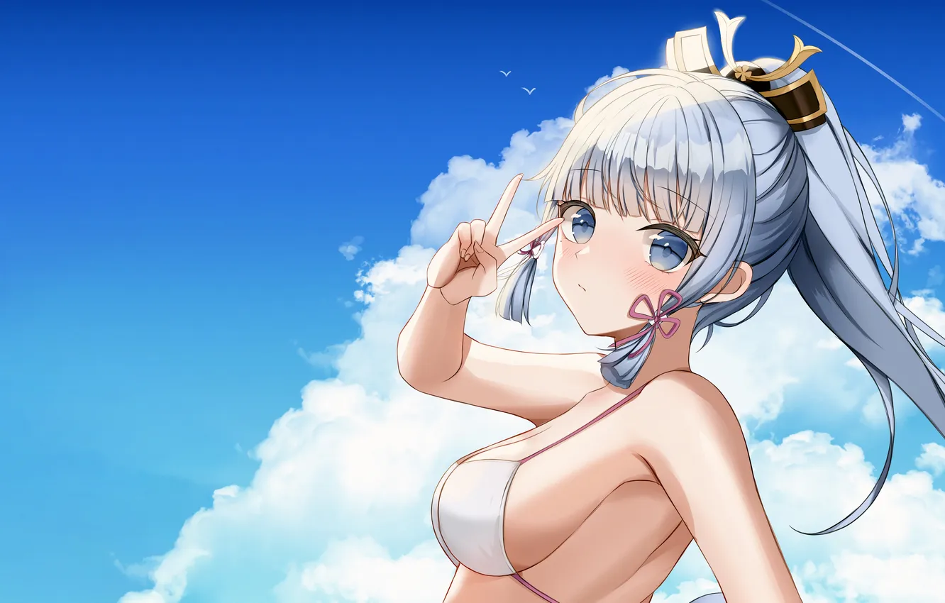 Photo wallpaper girl, sexy, cleavage, long hair, boobs, anime, blue eyes, beautiful