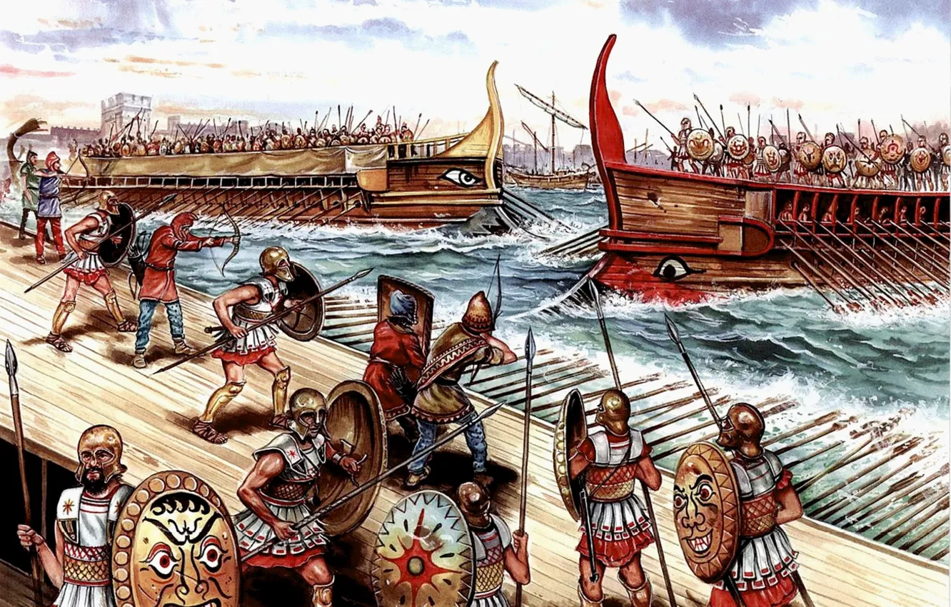 Photo wallpaper war, figure, art, battle, harbour, shields, spears, archers