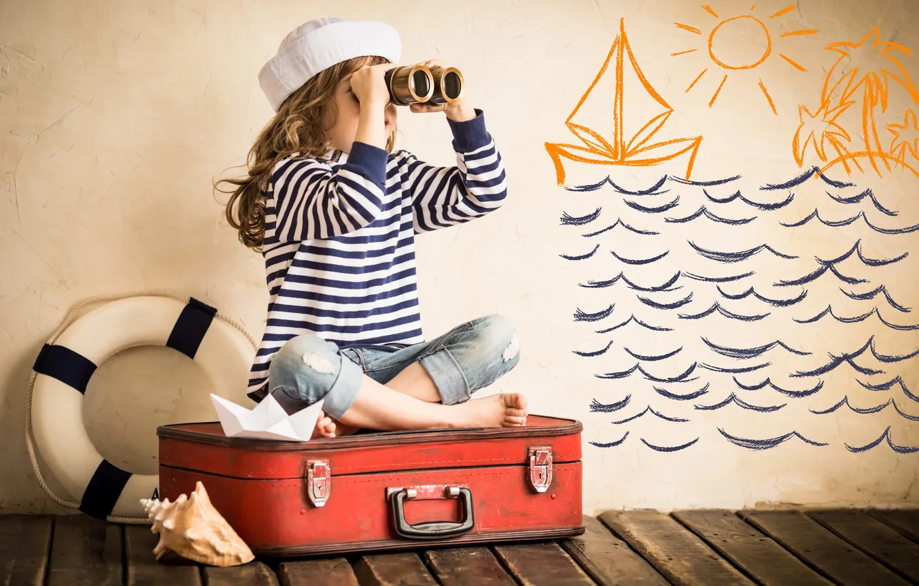 Photo wallpaper figure, shell, girl, binoculars, suitcase, lifeline, paper ship