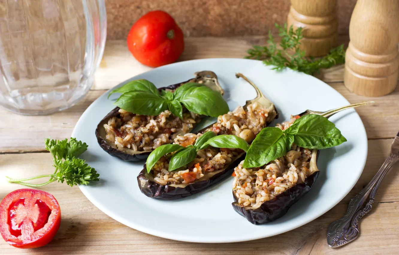 Photo wallpaper eggplant, tomatoes, Basil