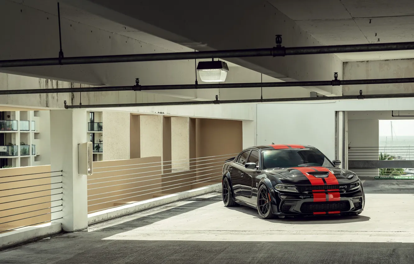 Photo wallpaper Black, Charger, SRT Hellcat, Red lines