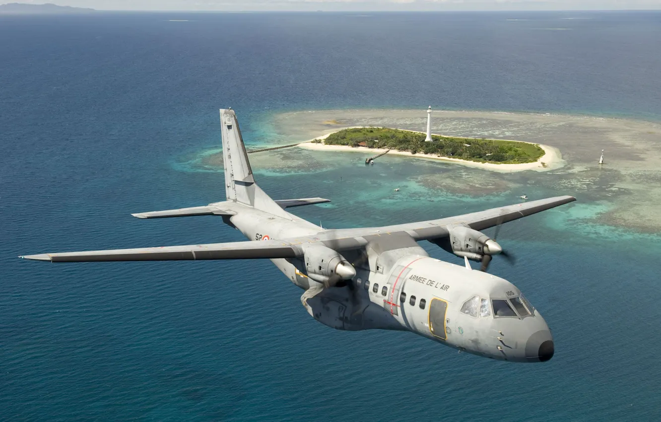 Photo wallpaper sea, flight, island, the plane, military transport, easy, turboprop, CN-235