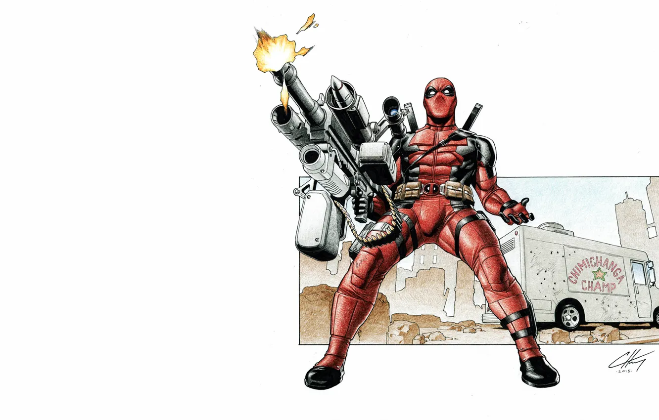 Photo wallpaper weapons, background, mask, costume, deadpool