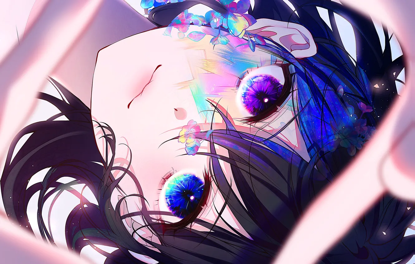 Photo wallpaper girl, flowers, heterochromia