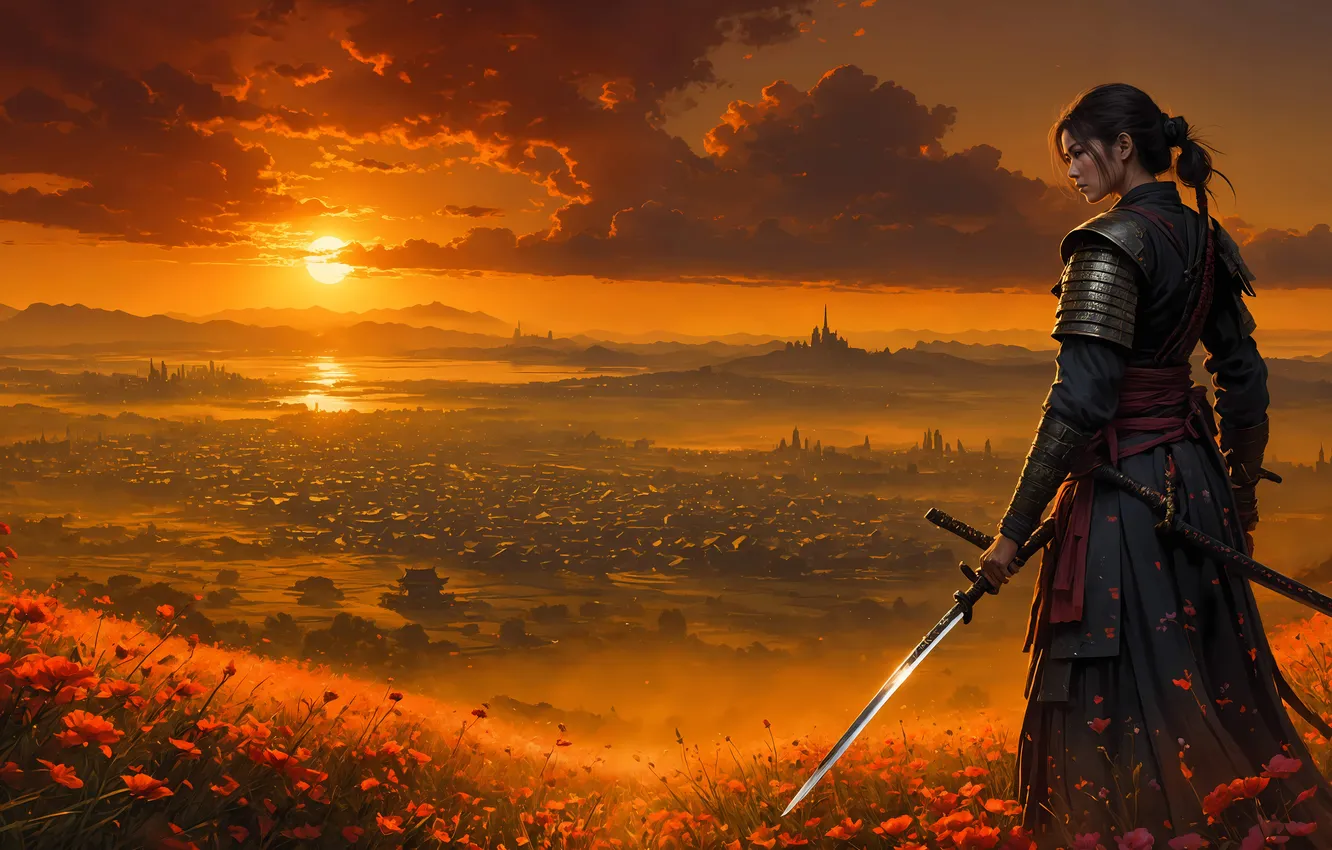Photo wallpaper girl, the sun, clouds, sunset, flowers, the city, katana, valley