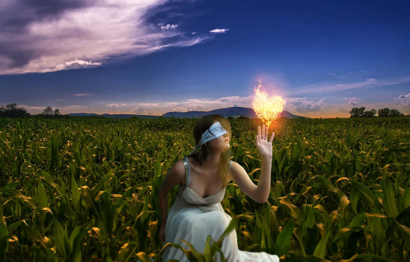 Photo wallpaper field, girl, nature, lights, mood, heart, corn, touch