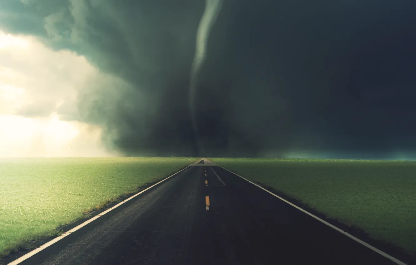 Photo wallpaper road, grass, tornado