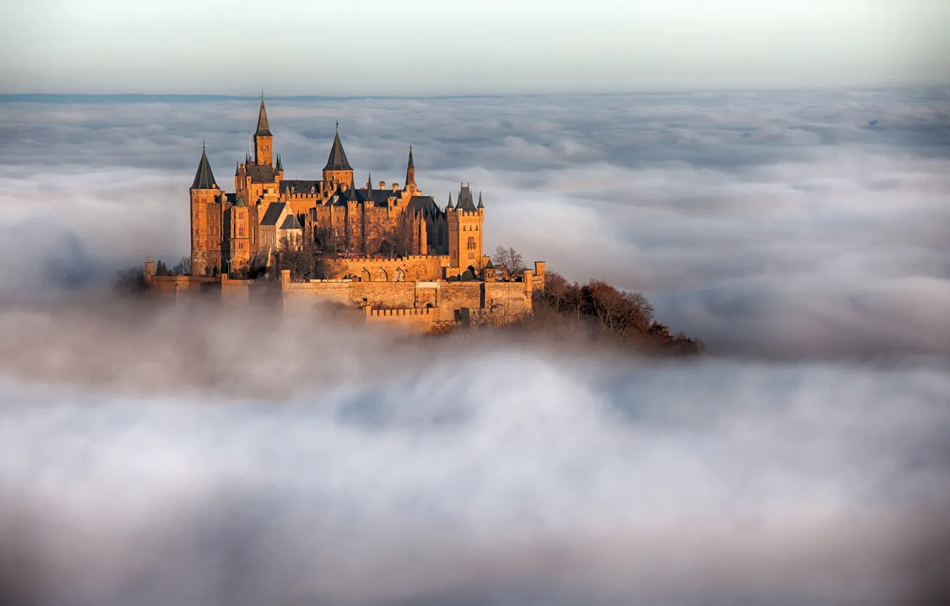 Photo wallpaper photo, Fog, Germany, Castle, City, Hohenzollern